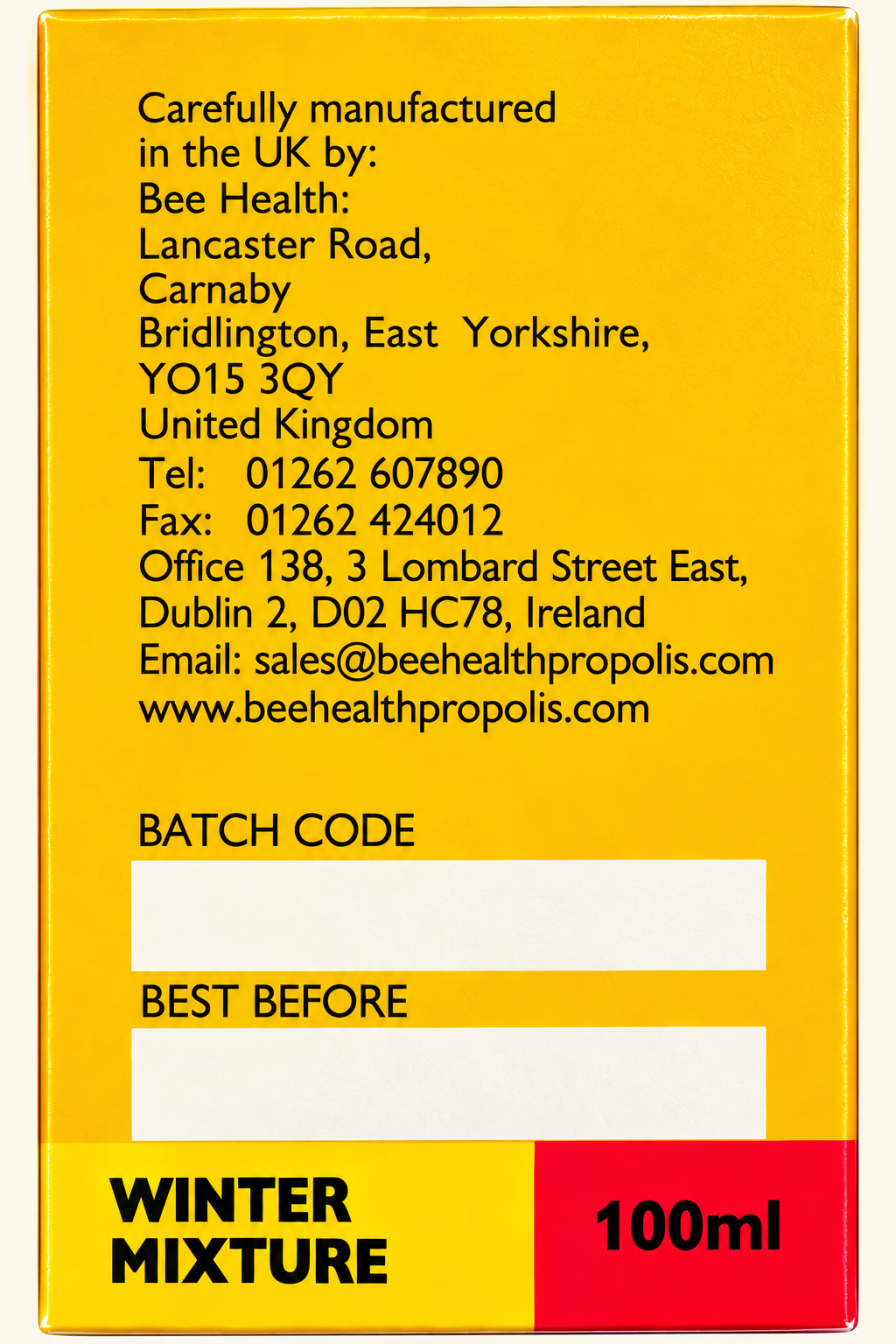 Bee Health Propolis Winter Mixture 100ml – manufacturer and storage label detail