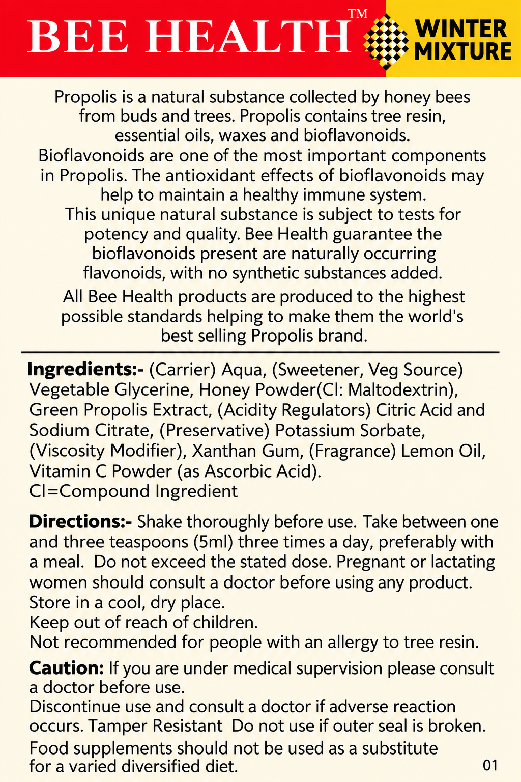 Bee Health Propolis Winter Mixture 100ml – ingredients and directions label detail