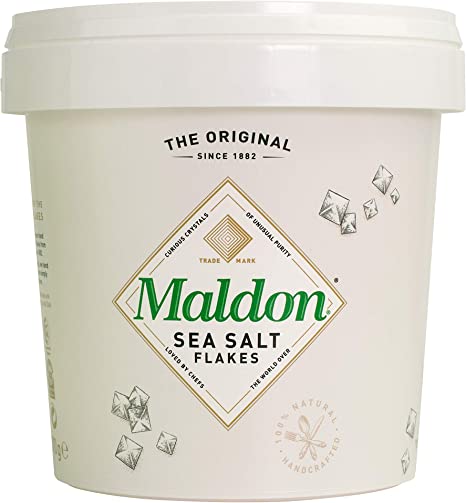 "Maldon Sea Salt in a 570g container, showcasing premium flaky texture."
