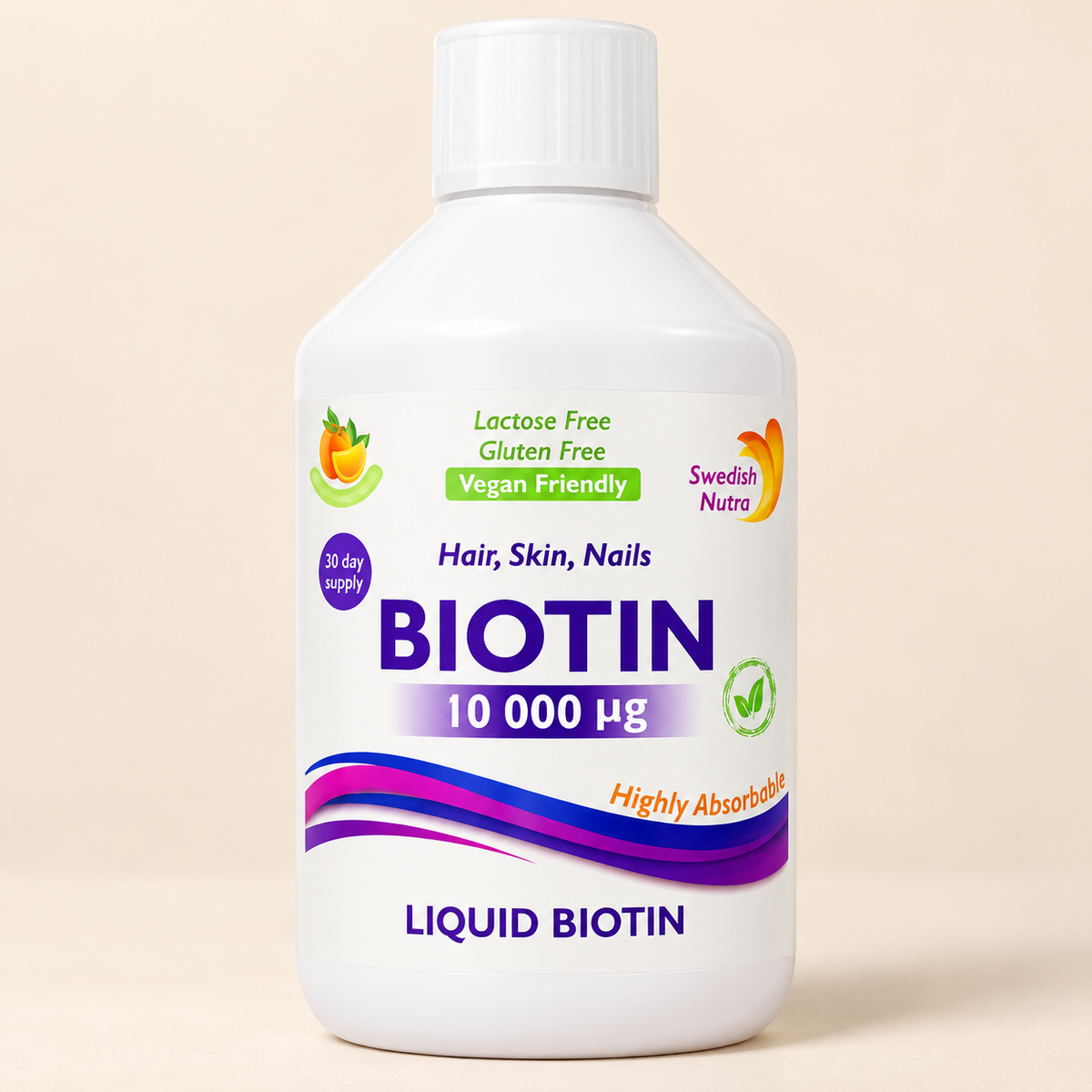 Swedish Nutra Biotin 10,000µg 500ml — front label detail