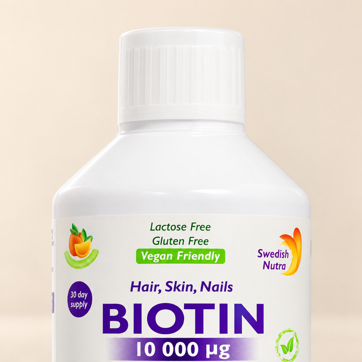 Swedish Nutra Biotin 10,000µg 500ml — cap and upper label detail