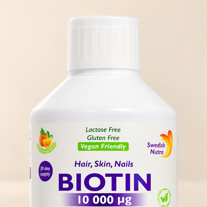 Swedish Nutra Biotin 10,000µg 500ml — cap and upper label detail