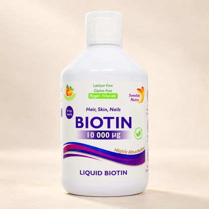 Swedish Nutra Biotin 10,000 micrograms liquid bottle — front label