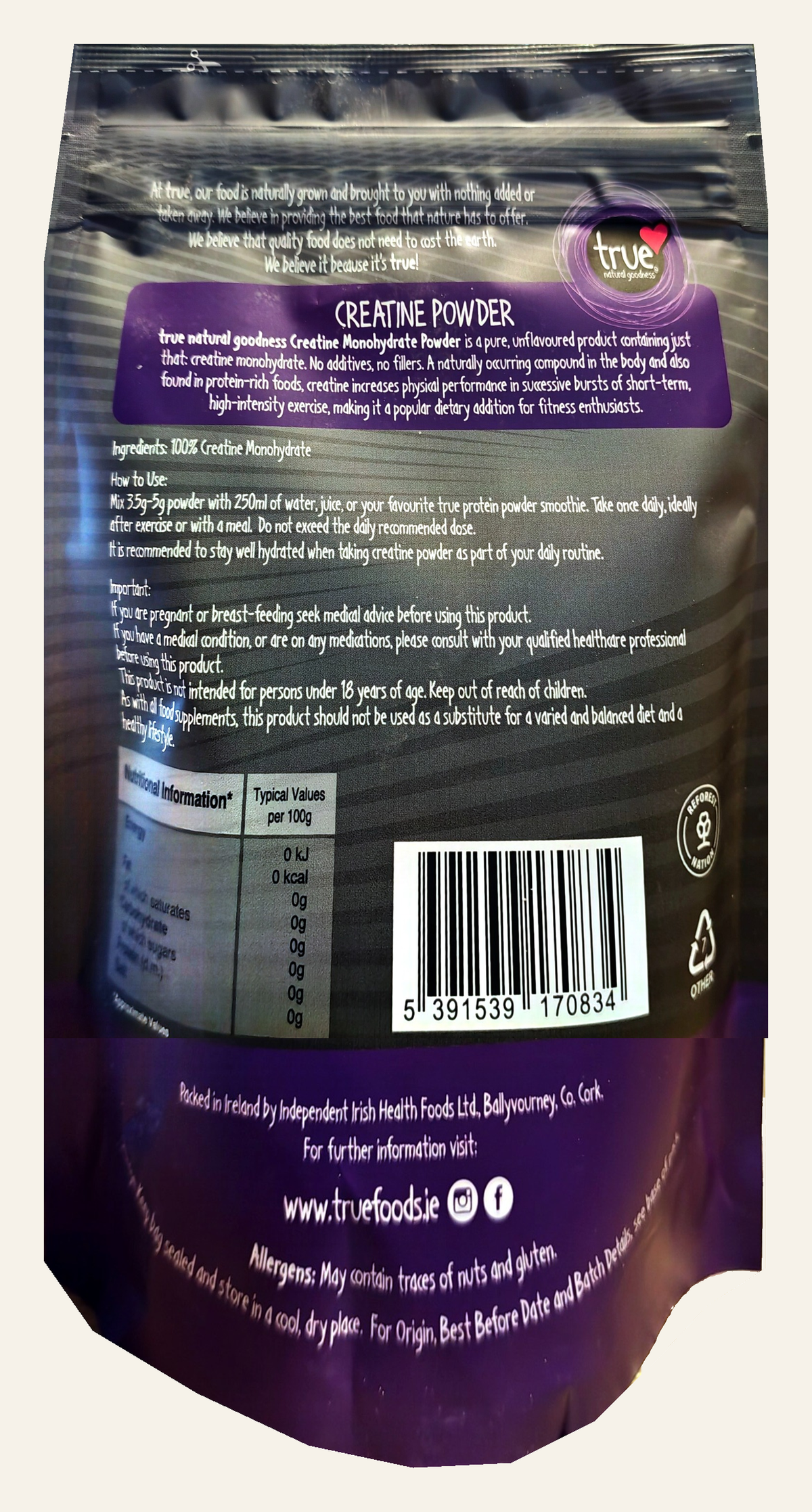 True Natural Goodness Creatine Powder – 250g – combined rear label with directions, nutrition and storage