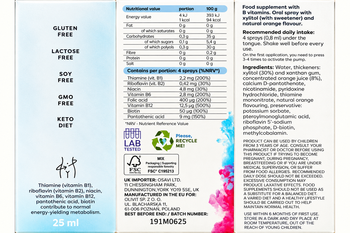 Osavi B-Complex Oral Spray Orange 25ml — combined packaging label with ingredients, directions and product details