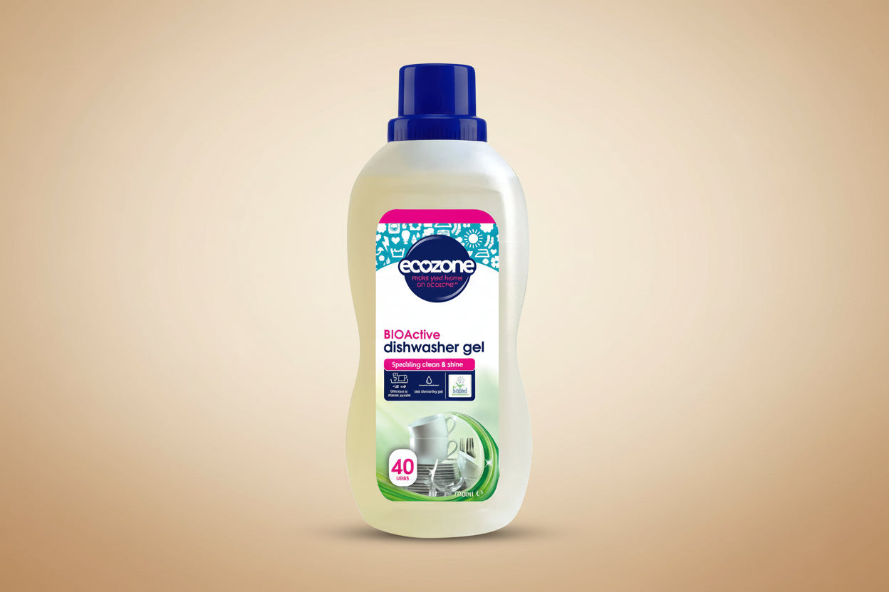 Bottle of ecozone dishwasher gel on a white background
