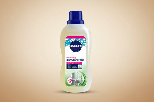 Bottle of ecozone dishwasher gel on a white background
