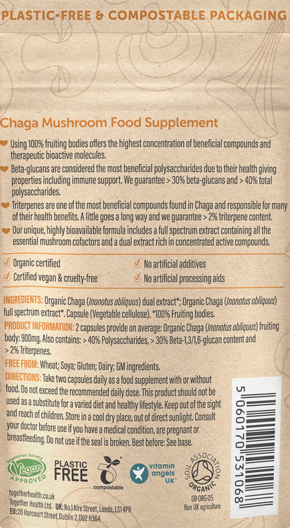 Back of a Chaga mushroom food supplement package with text and certification logos.