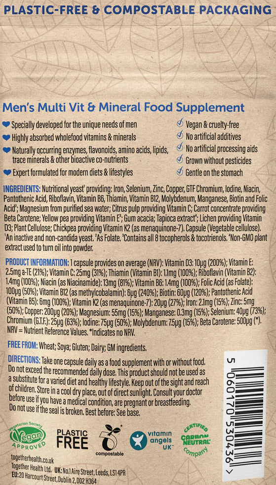 Back view of a Men's Multi Vit & Mineral Food Supplement package with text and branding.