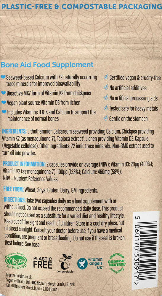 Back view of a bone aid food supplement package with text and certification logos on a white background.