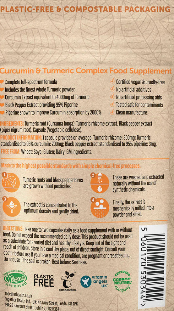 Back view of a food supplement package with text and certification logos on a white background