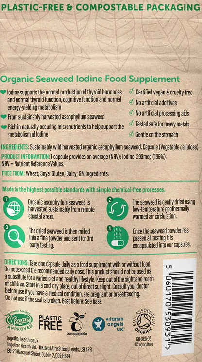 Back view of a organic seaweed iodine food supplement package with text and icons on a white background
