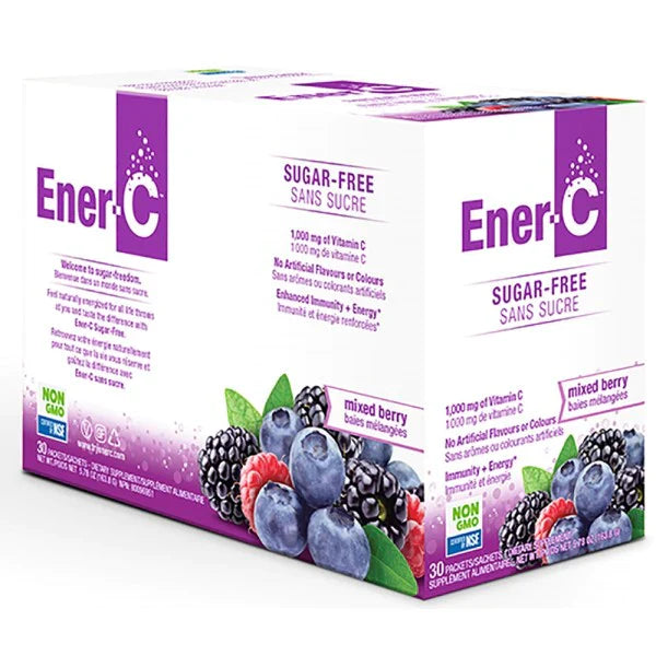 Ener-C sugar-free supplement package with mixed berry flavor on a white background