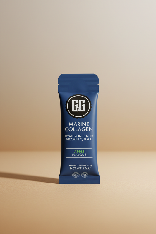 Blue package of marine collagen with visible branding on a white background