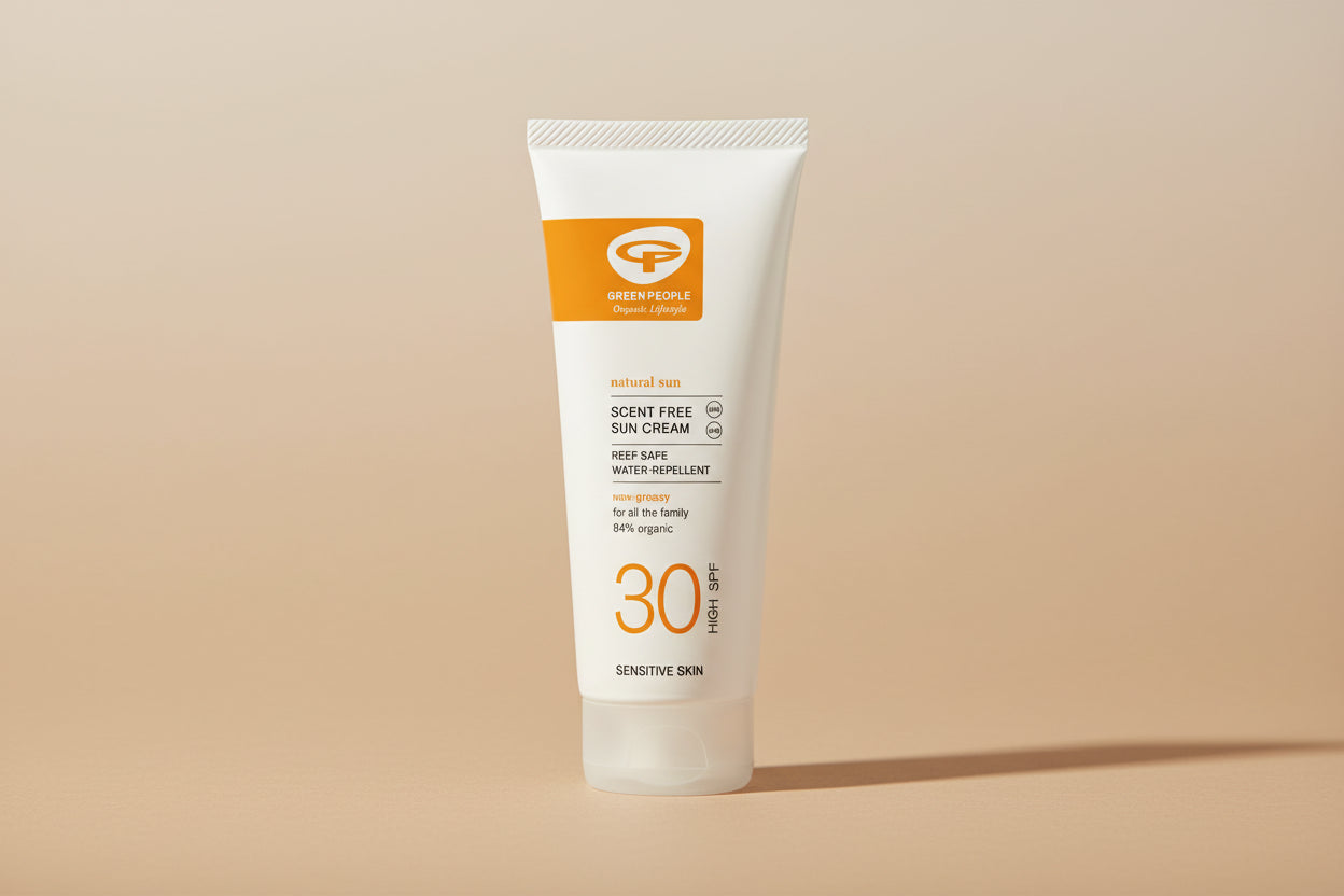 Sun cream tube with SPF 30 on a white background