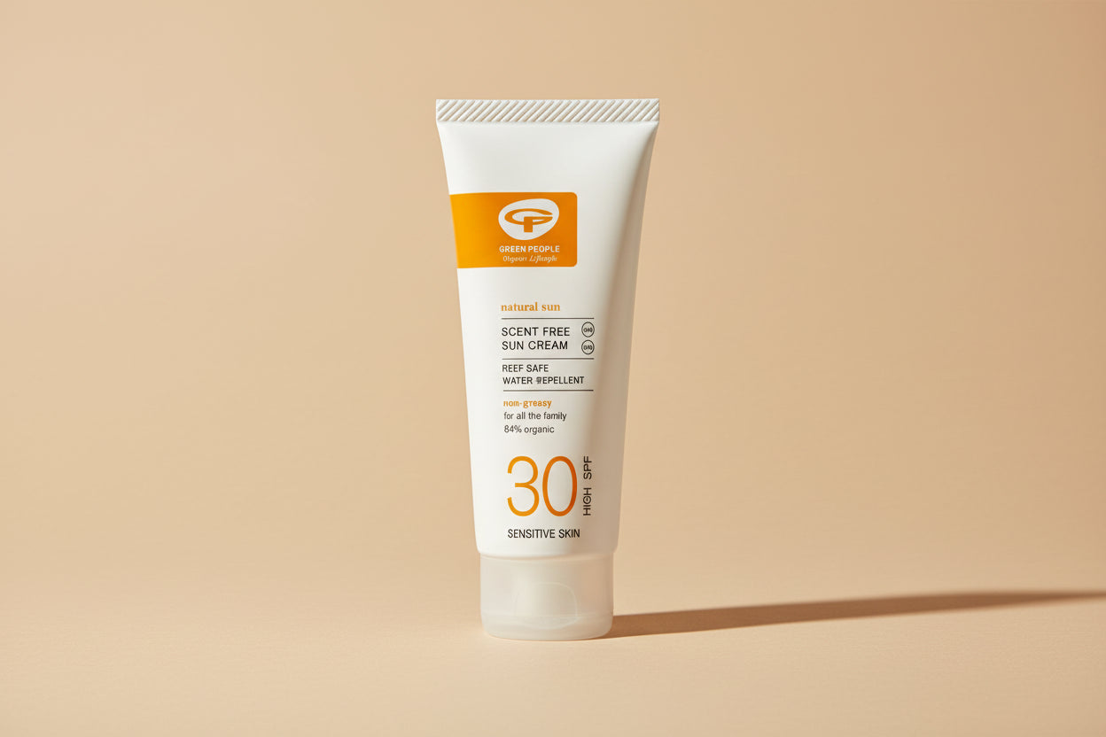 Sun cream tube with SPF 30 on a white background