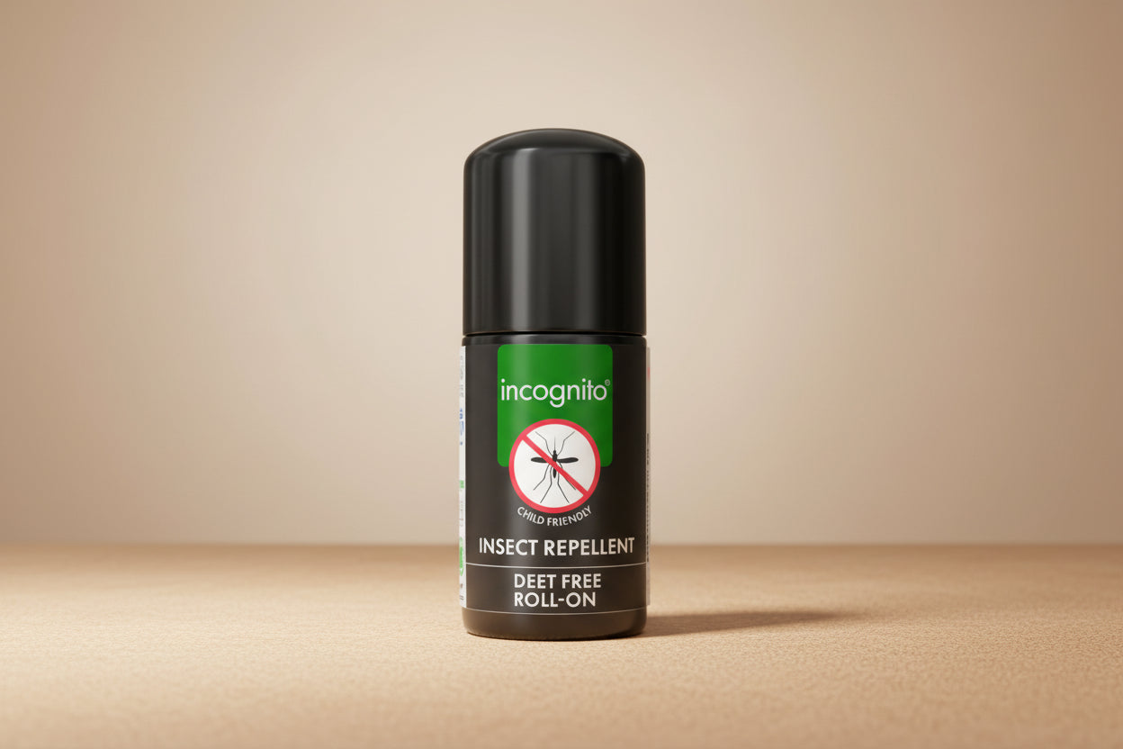 Insect repellent roll-on with 'incognito' branding on a white background