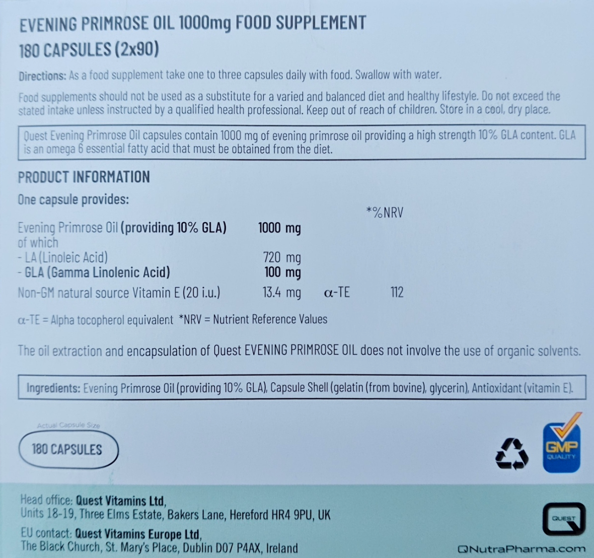Label of Evening Primrose Oil 1000mg food supplement with product information and branding details.