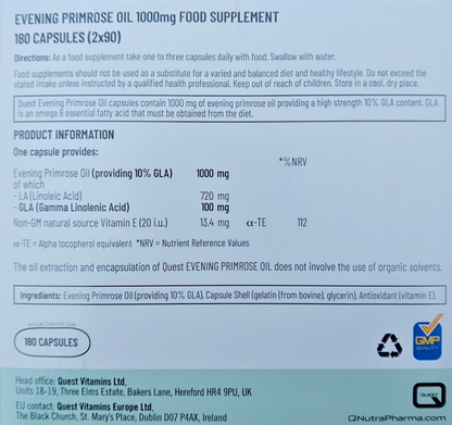 Quest Evening Primrose Oil 1000mg ingredients and nutrient amounts