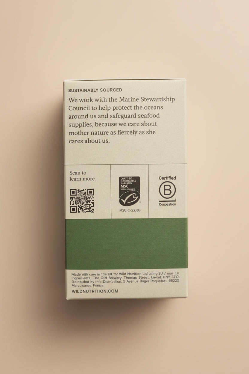 Label on a cardboard box with sustainability information and certification logos.