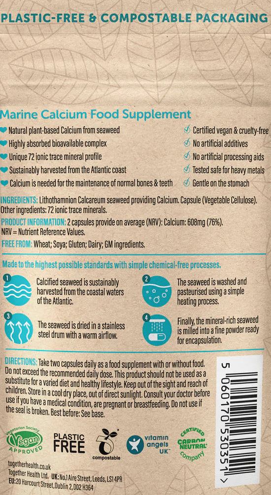 Marine Calcium food supplement package with text and icons on a white background