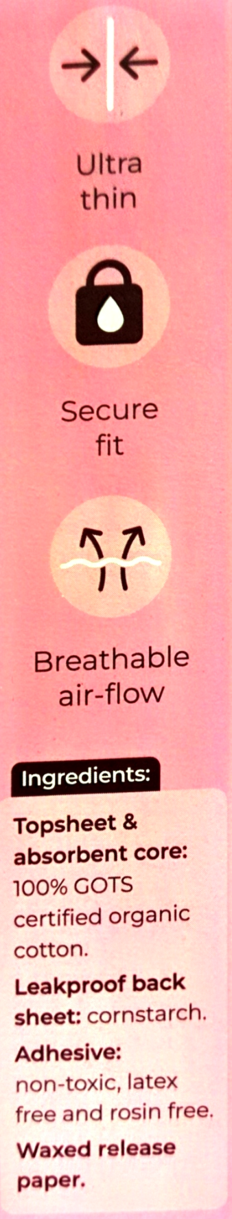 A pink product information panel showing a close-up of a small black item with a white label and printed text, alongside icons and ingredient-style labels on a pink background.