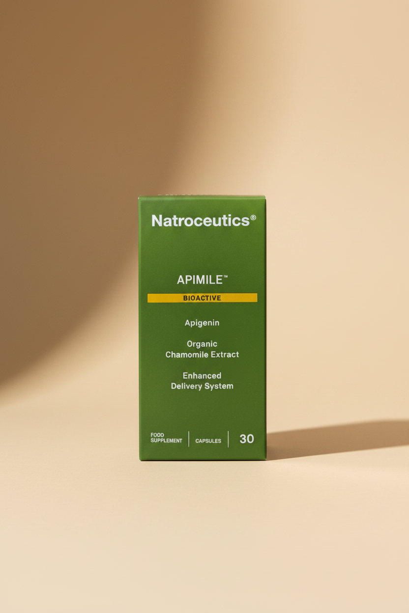 Natroceutics Apimile bioactive food supplement packaging on a green background