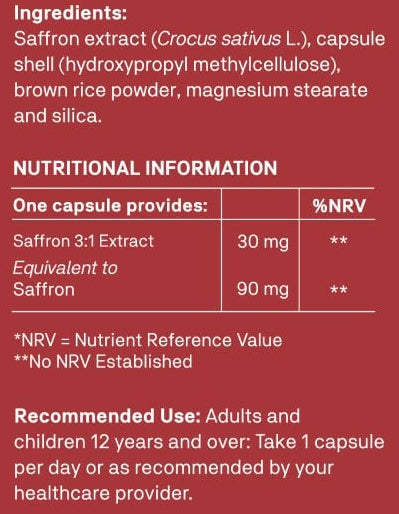 Natroceutics Saffron Bioactive ingredients, extract quantity and directions label