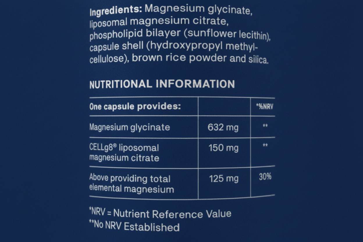 Nutritional label with ingredients and magnesium content on a blue background