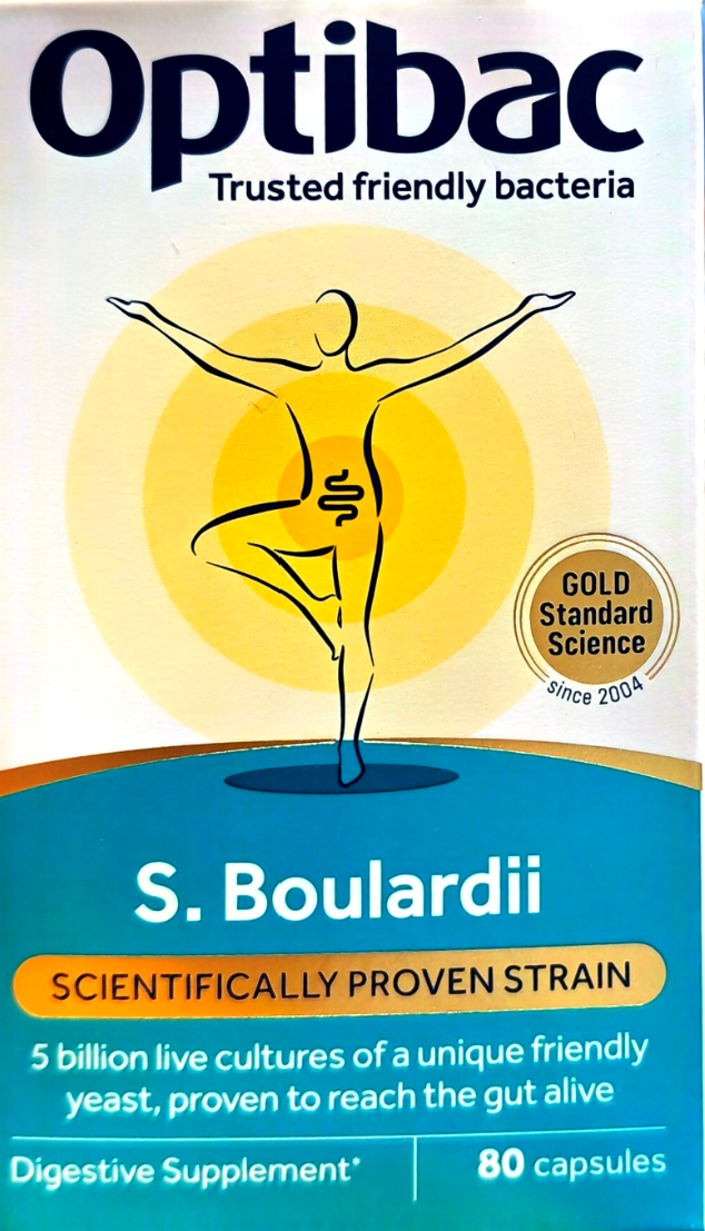 A box of Optibac S. Boulardii digestive supplement, featuring a yellow and blue design with an illustration of a yoga pose and a gold seal indicating gold standard science.