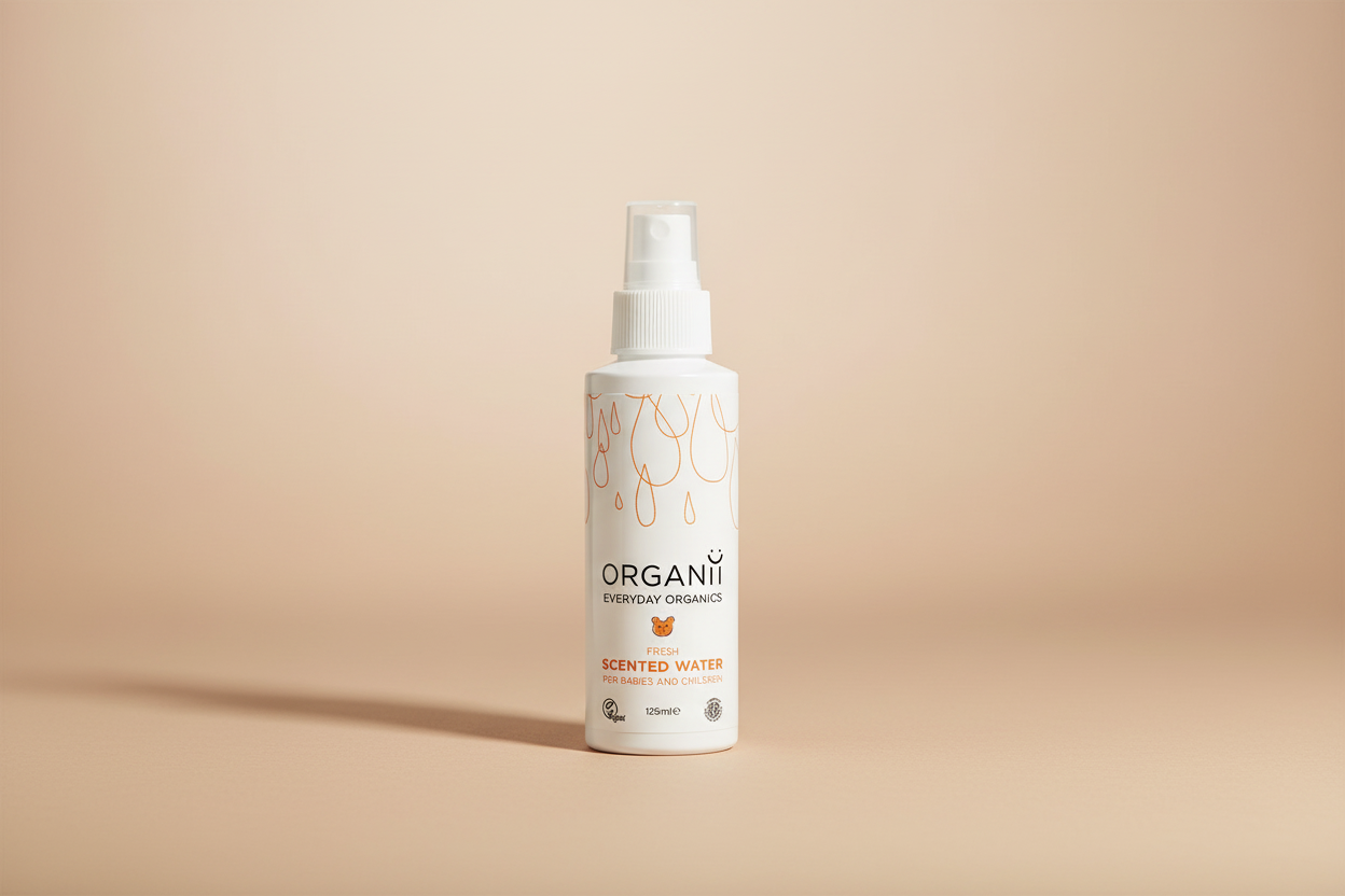 Organii scented water bottle on a white background