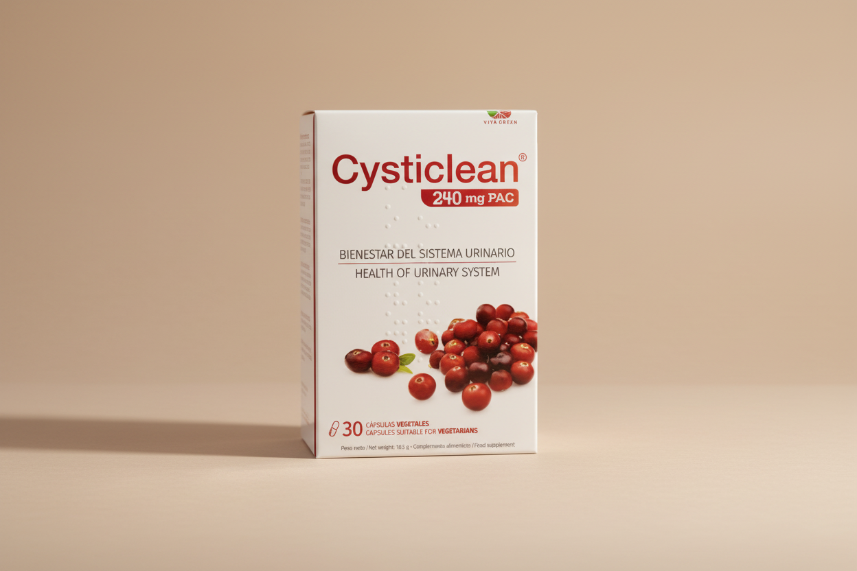 Vita Green Cysticlean supplement packaging with cranberries on a white background