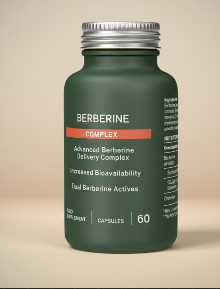 Green supplement bottle labeled 'Berberine Complex' on a beige background