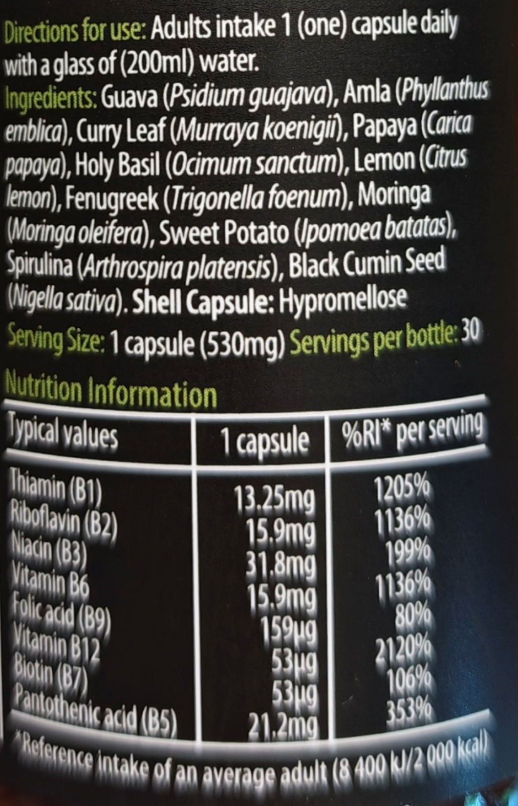 Nutrition label and ingredient list on a black background