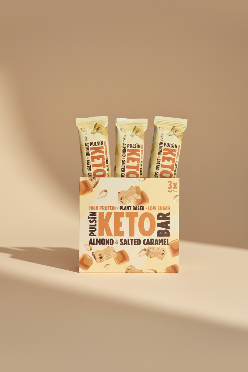Pulsin' Keto Almond & Salted Caramel bars packaging on a beige background