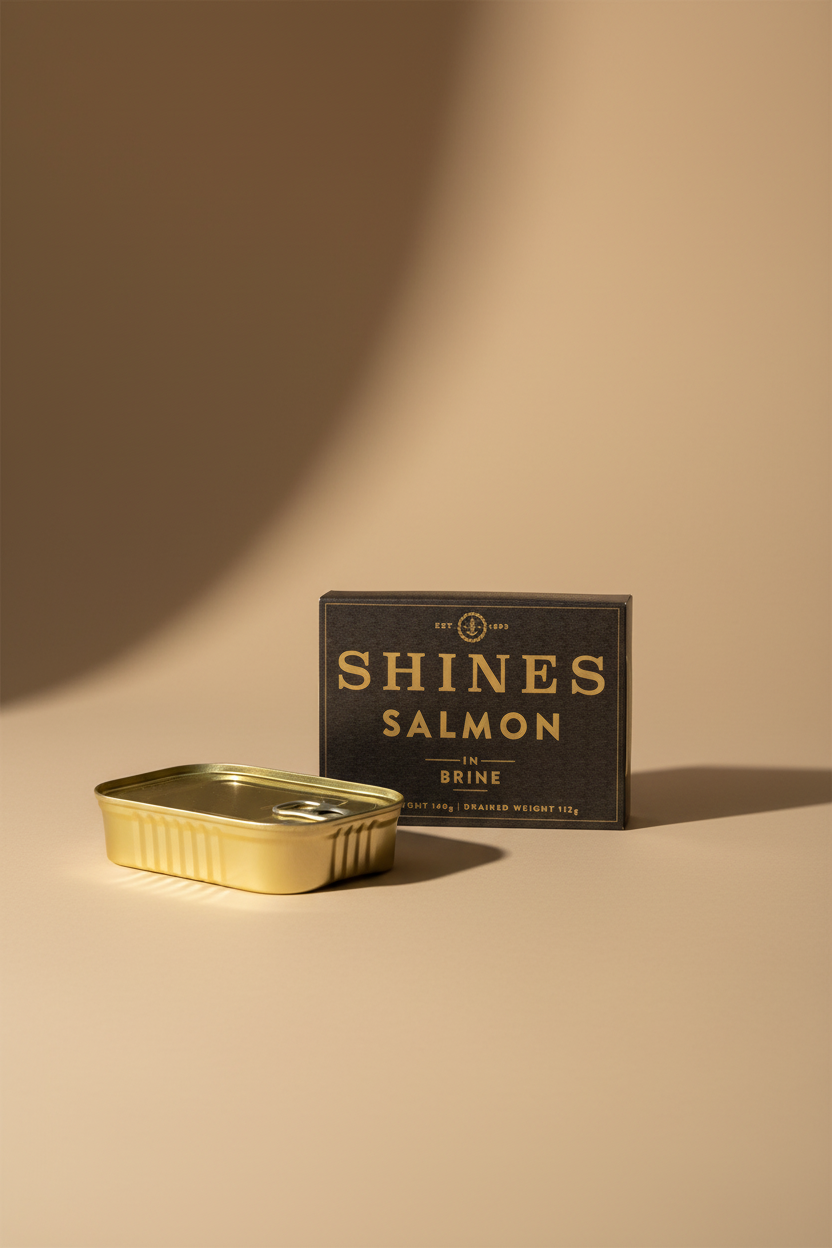 A dark textured box labeled 'SHINES SALMON IN BRINE' with gold lettering, shown beside an open gold can on a white surface. The brand name visible on the packaging is Shines.