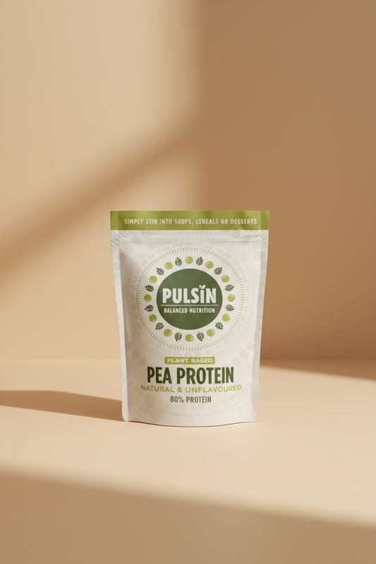 Pulsin' pea protein package with green background