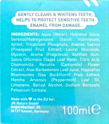 Blue product packaging label showing ingredients and text for a 100ml tooth whitening product, including 'Gently Cleans & Whitens Teeth, Helps to Protect Sensitive Teeth Enamel from Damage.'.