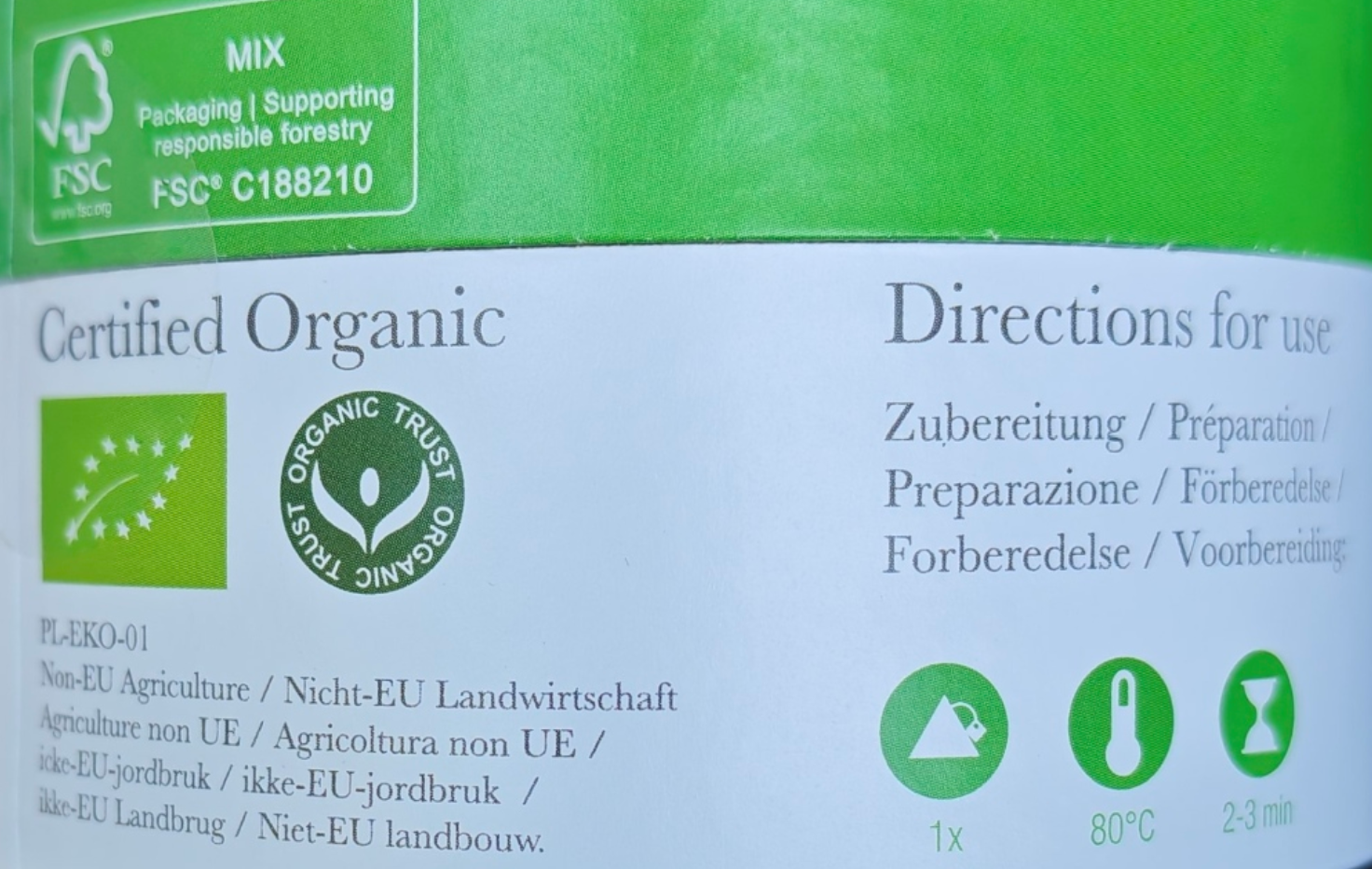 Certified Organic product label with green and white color scheme