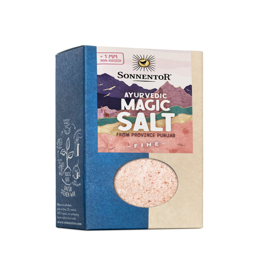 Sonnentor Ayurveda Magic Salt Fine in a 150g box, showcasing its natural pink crystal color and premium quality.