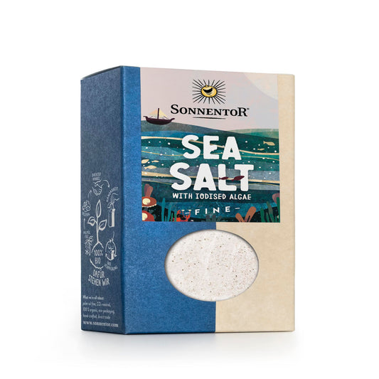Sonnentor Sea Salt with Algae in a 150g box, featuring iodine-rich organic sea salt and algae blend.