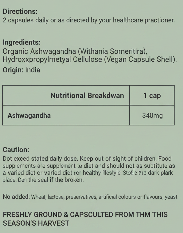 Supplement label with text and nutritional information on a green background