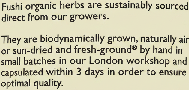 Text on a label about organic herbs sourced directly from growers