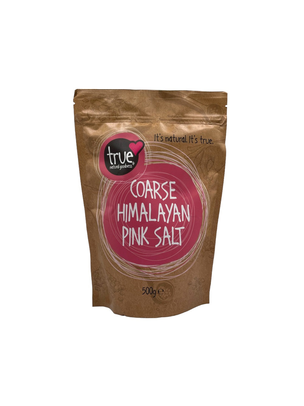 True Natural Goodness Himalayan Pink Salt - Coarse in a 500g organic resealable bag, ideal for grinders and gourmet cooking.