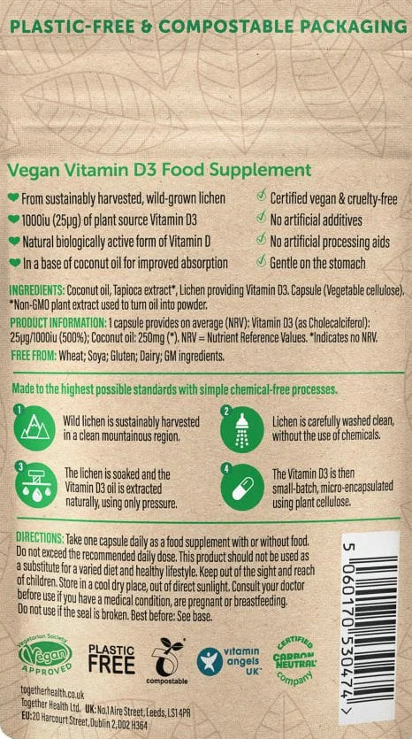 Vegan Vitamin D3 food supplement packaging with green text on a white background