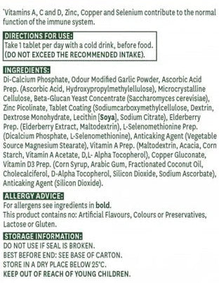 Back of a supplement package with text on vitamins, directions, ingredients, and storage information.