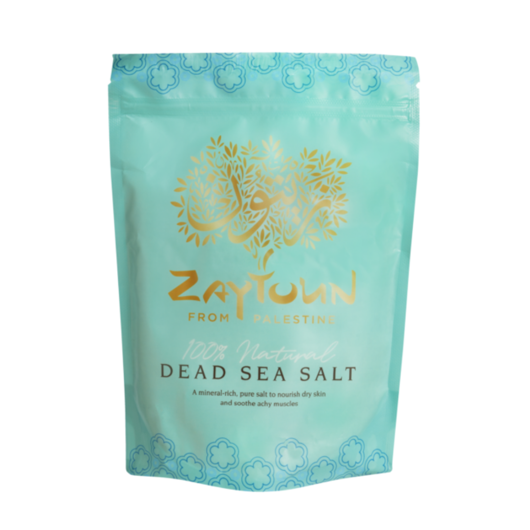 "Zaytoun Dead Sea Salt from Palestine in a 750g resealable pack, sustainably harvested near Jericho, rich in minerals for cooking and skincare."