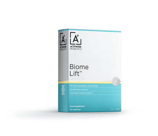  Activated Probiotics Biome Lift 30 Capsules front packaging, featuring microencapsulation technology and vegan-friendly formulation.