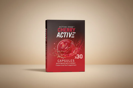 Box of Cherry Active capsules with Montmorency cherry on a white background