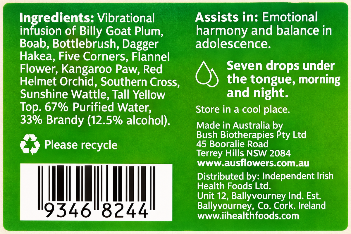 Australian Bush Flower Adolescence Essence – 30ml — complete readable product label